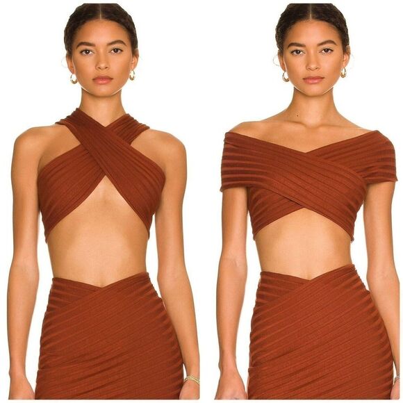 Simon Miller Crop Top Womens Large Brown Ribbed Cross Over Ackee Coconut Shell - Picture 1 of 6